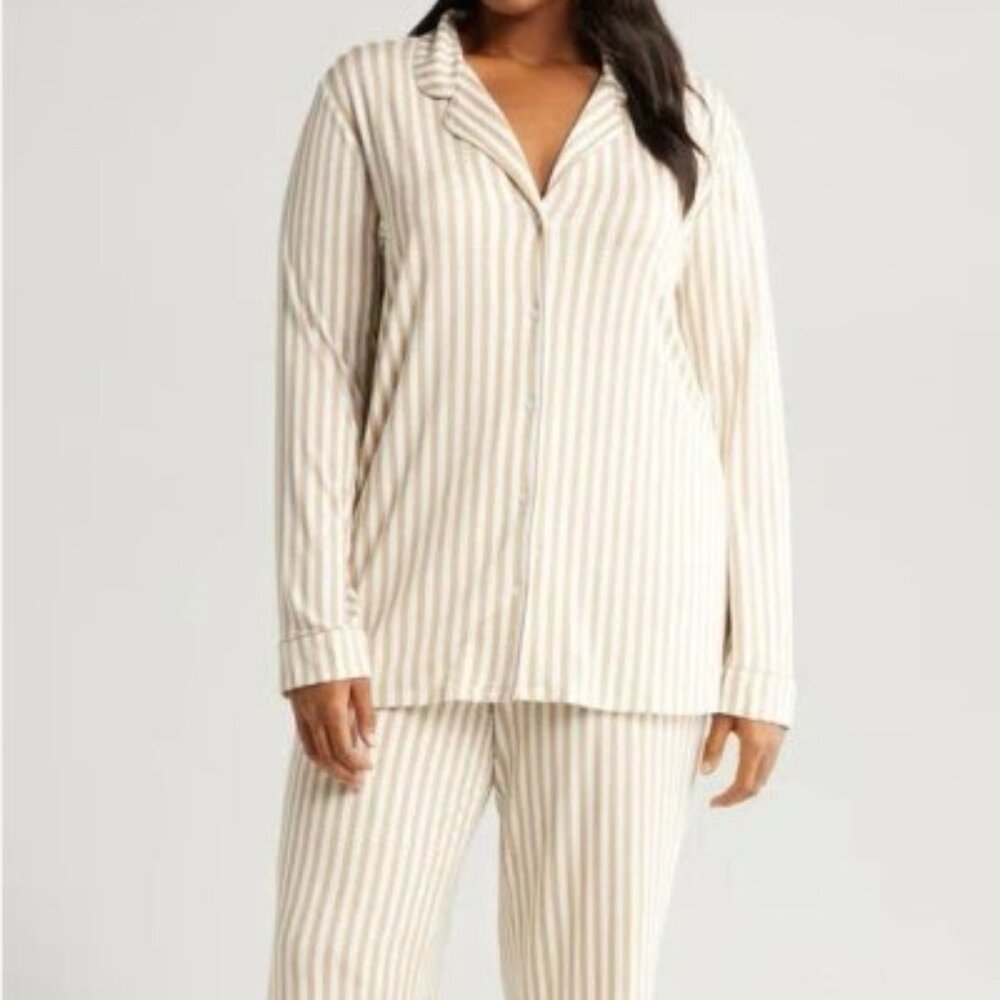 Nordstrom Moonlight Eco Knit Pajamas hummus beige stripe long 3x